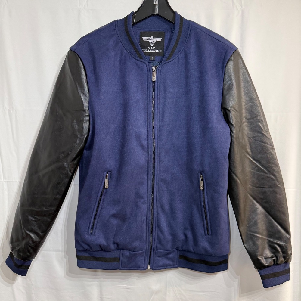 New VIP Collection Navy Blue Faux Suede‎ Bomber Jacket Black Pleather Small $169